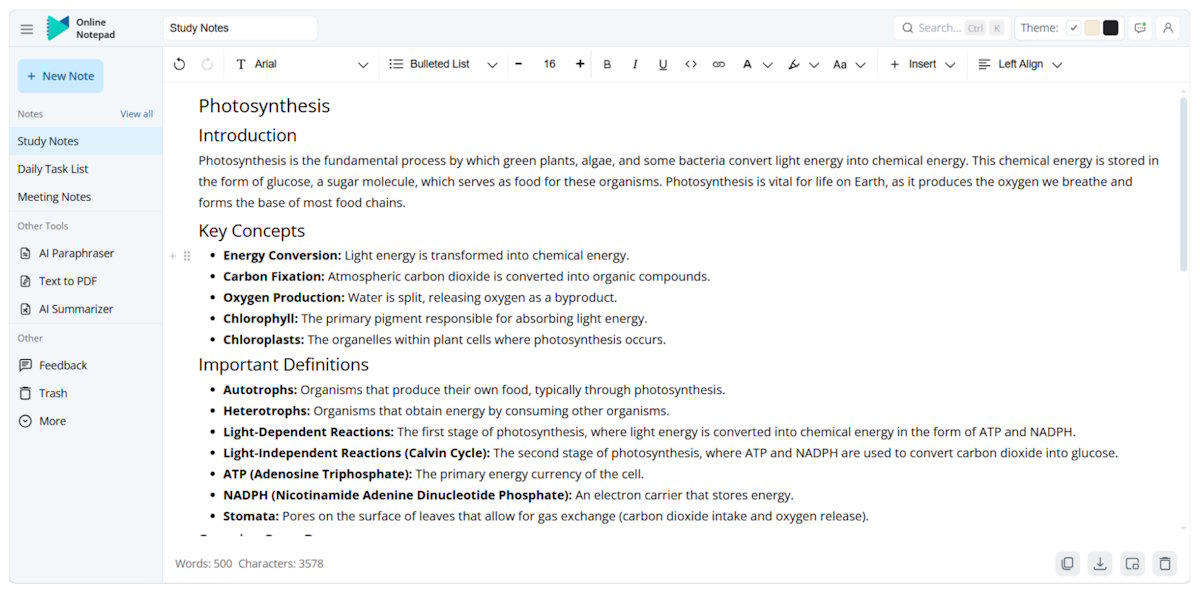 AI-powered note-taker generated a study note draft
