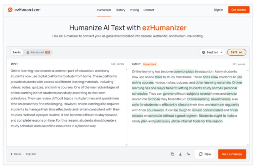 Then I entered the same paragraph into ezHumanizer and went with the basic mode that was available for free
