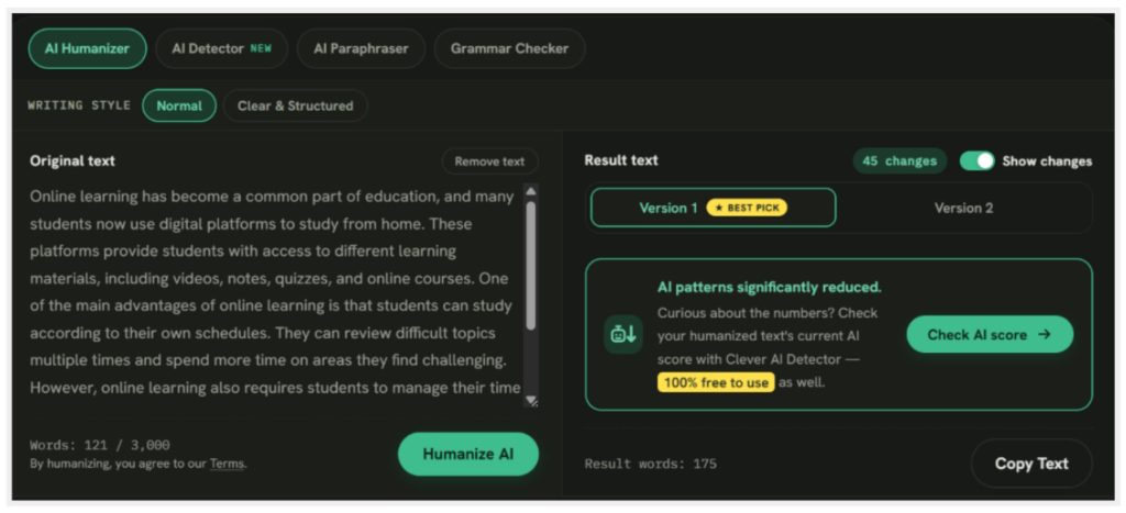 Clever AI Humanizer is a completely free tool