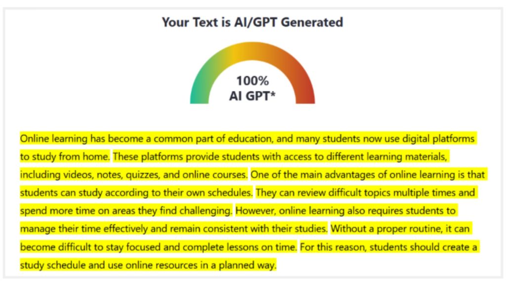 I generated a paragraph of around 120 words using ChatGPT. I checked its AI score, and it was flagged as 100% AI/GPT generated
