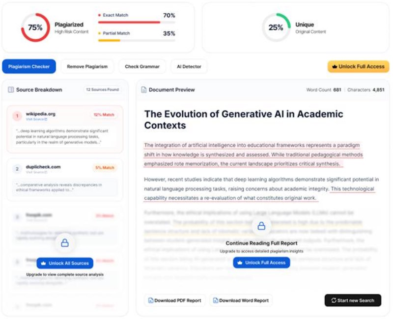 I uploaded synthesized text as input to evaluate this plagiarism checker’s ability to catch exact and partial matches
