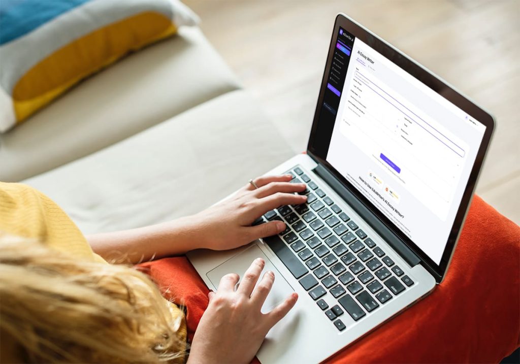 EduWriter website displayed on a laptop screen, showcasing its user-friendly interface and features for academic and creative writing.