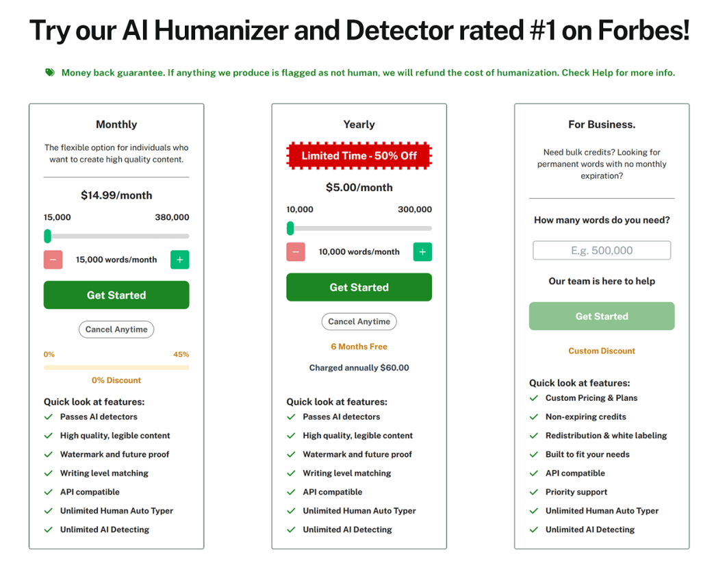 Pricing plans and details for Undetectable AI, showing the cost and features for free and paid versions, highlighting differences in functionality and benefits.