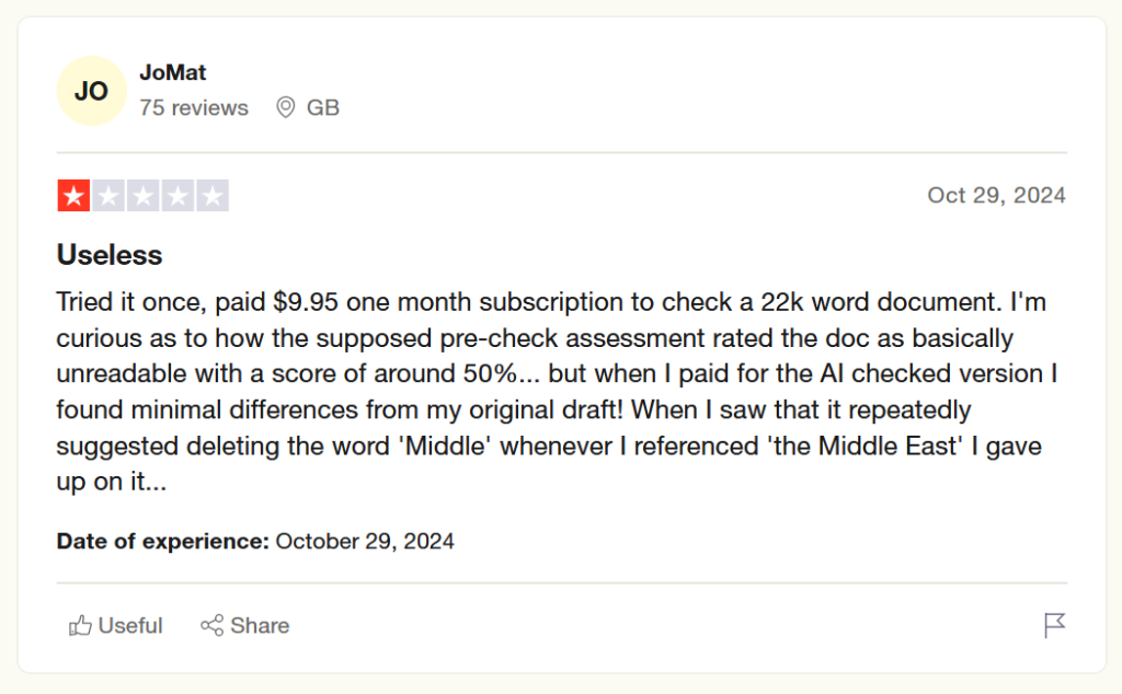 Scribbr document evaluation showing low score with minimal revisions.